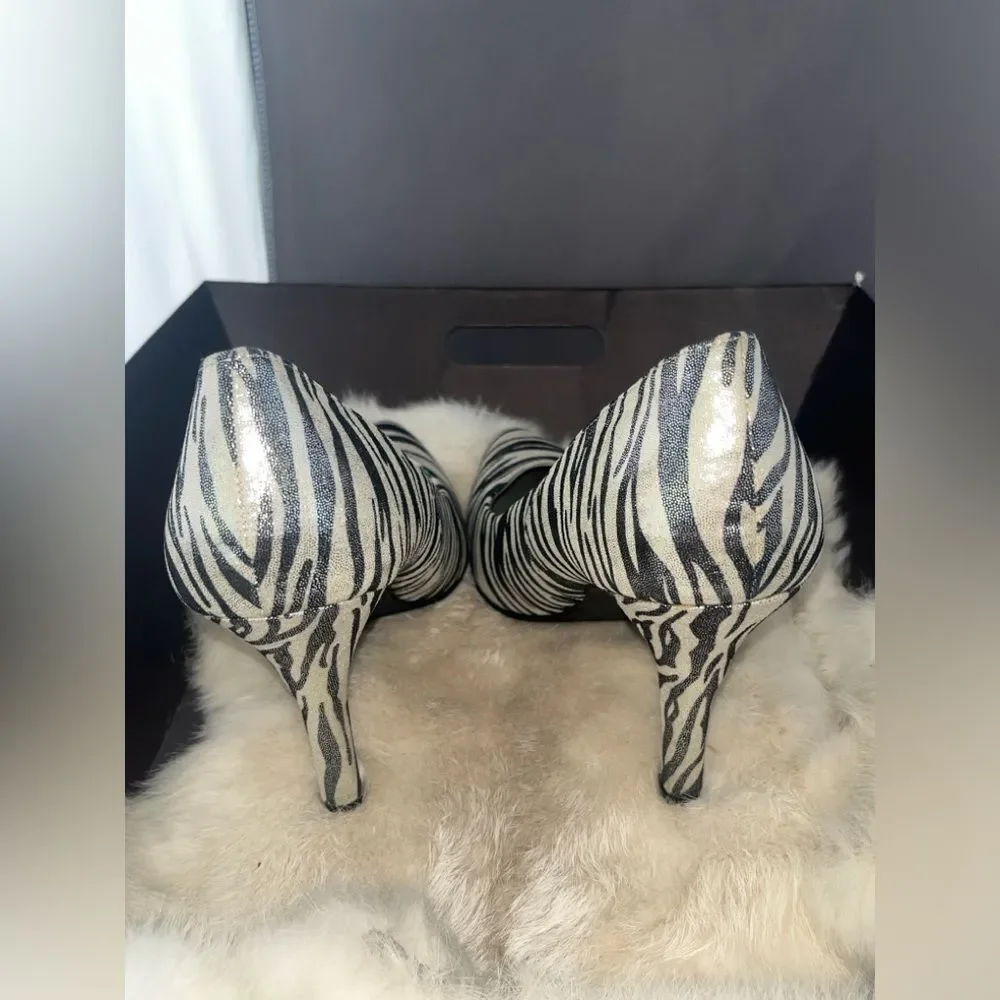Zebra Glitter Y2K Pointed Toe Animal Print Heels Sz 8.5 M